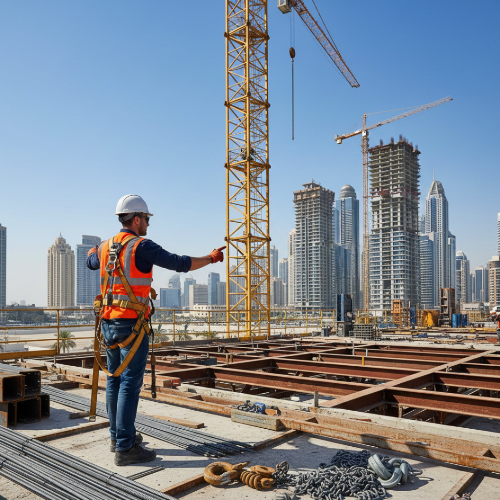Certified rigger directing crane operations on UAE construction site with proper safety equipment