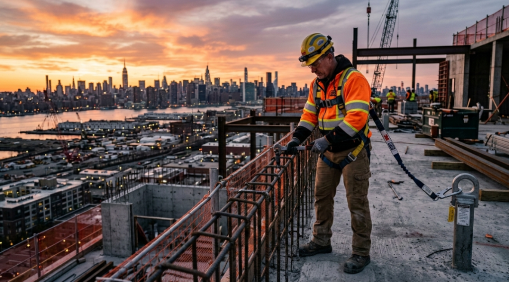 Full body safety harness connected to anchor point on construction site