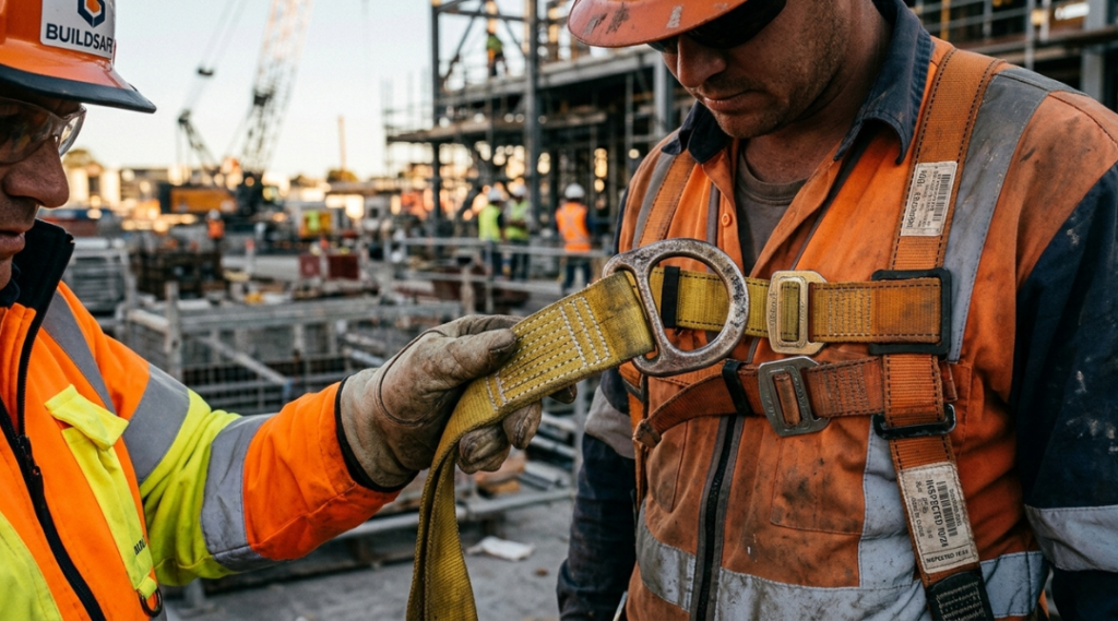 Safety officer inspecting full body harness stitching and D-ring