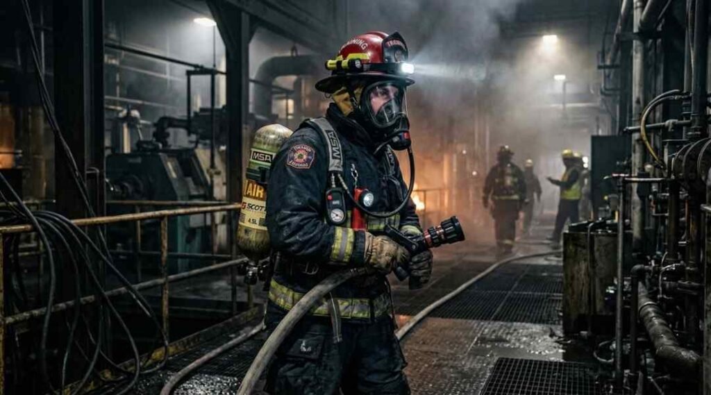 Firefighter wearing SCBA breathing apparatus