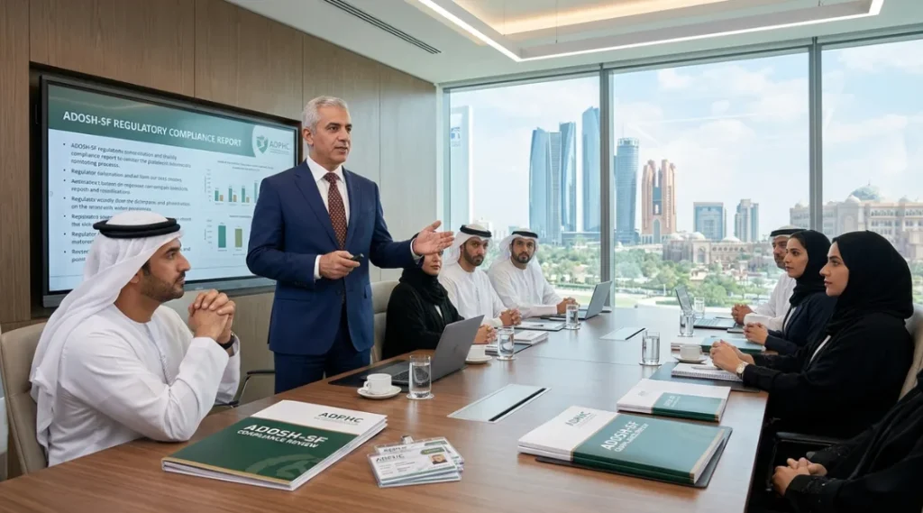 A professional safety expert in a suit presenting a detailed ADOSH-SF regulatory compliance report to a board of directors in a modern UAE corporate setting.