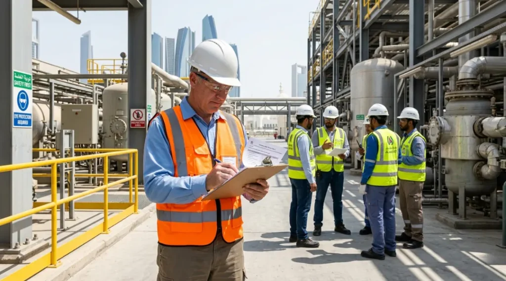 A safety consultant wearing a white hard hat and high-visibility vest conducting a compliance audit at an industrial facility in Abu Dhabi while reviewing a clipboard.