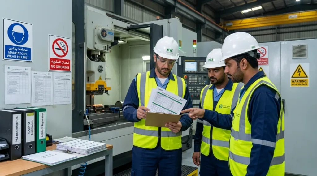 A safety auditor with a clipboard performing a workplace compliance inspection at a large Abu Dhabi industrial facility alongside site safety officers.