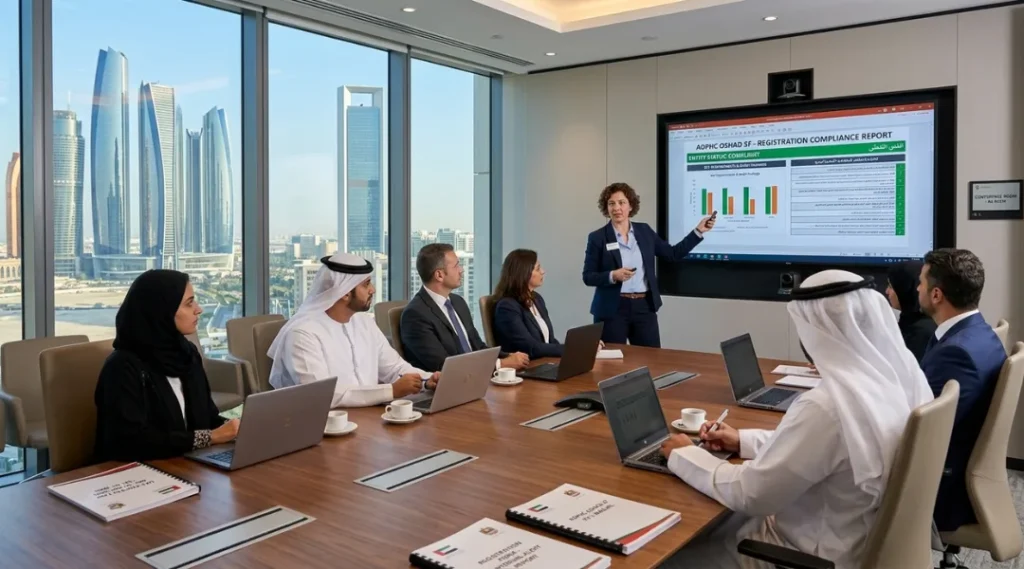 A safety consultant presenting an OSH registration compliance report on a large digital screen to a group of corporate managers in an Abu Dhabi boardroom.