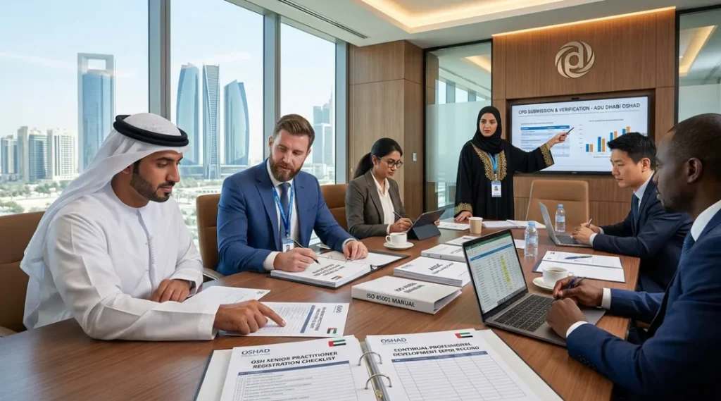 A diverse team of safety professionals in a modern conference room reviewing OSH Senior Practitioner registration checklists and UAE compliance materials.