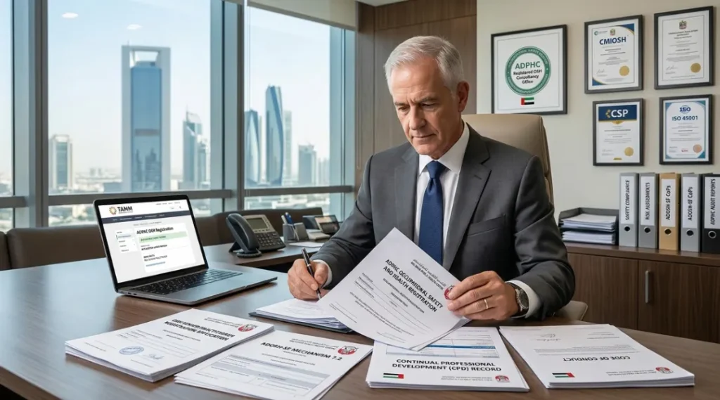 osh-review-abu-dhabi.jpg A senior safety consultant in a formal grey suit reviewing ADPHC OSH registration documents at a large wooden desk in a modern Abu Dhabi office with a skyline view.