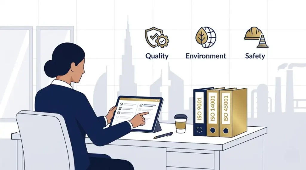A certified internal auditor reviewing an integrated management system audit checklist in a modern UAE office or industrial facility