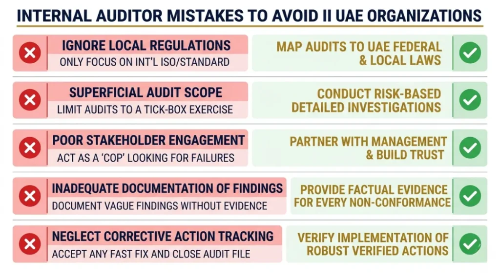 Warning infographic showing five common internal auditor mistakes in UAE organizations with red X indicators and green checkmark corrections beside each
