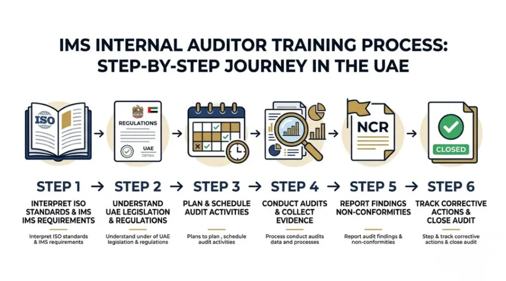 Step-by-step process diagram showing the six stages of IMS internal auditor training from standard interpretation to audit closure in a UAE context