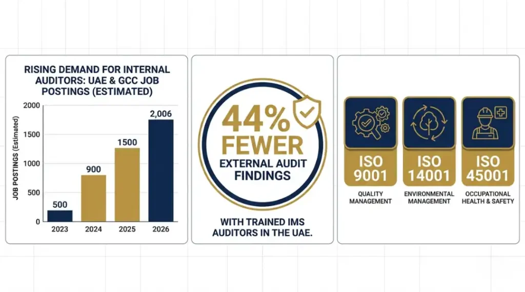 Data visualization infographic showing rising demand for internal auditor certification in the UAE and GCC region from 2023 to 2026