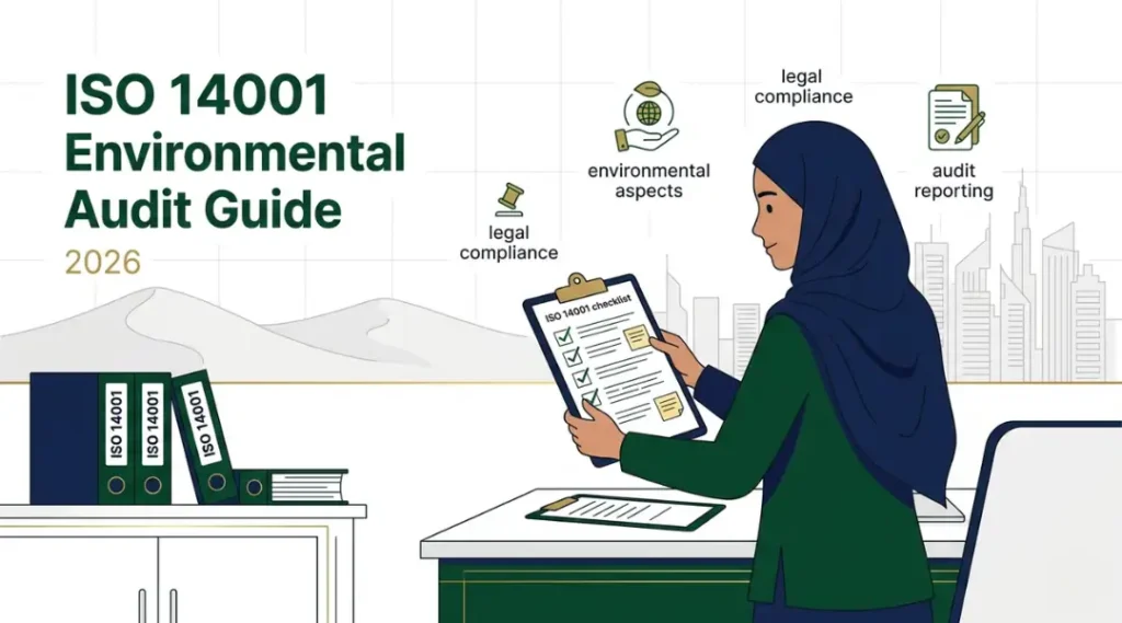 An environmental auditor reviewing an ISO 14001 environmental management system audit checklist at a UAE construction or industrial facility