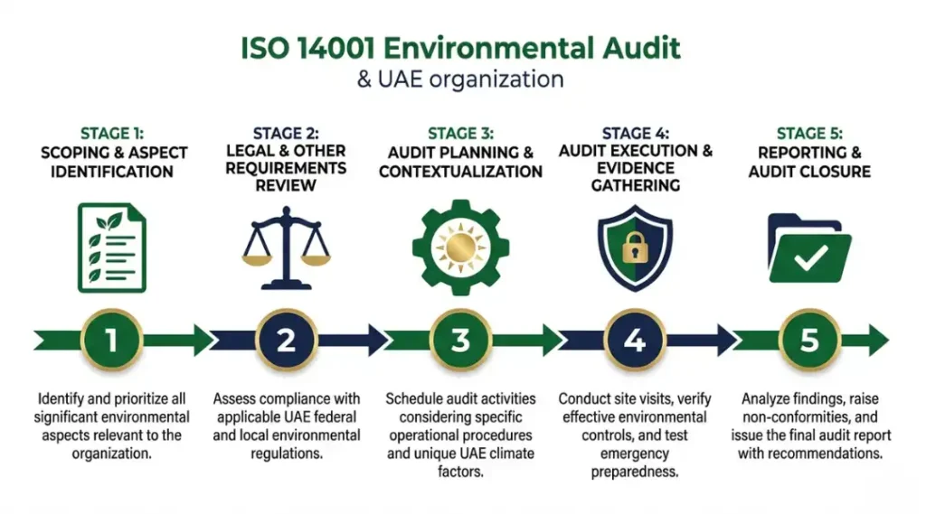 Five-stage step-by-step process diagram for conducting an ISO 14001 environmental audit in a UAE organization from aspect scoping to audit closure