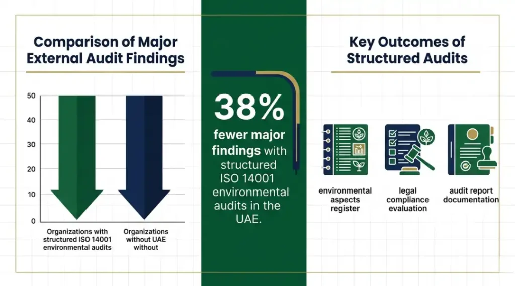 Data infographic showing how structured ISO 14001 environmental audits reduce UAE certification failures and improve compliance outcomes in 2026
