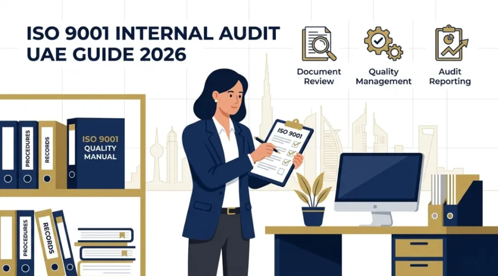 A quality auditor conducting an ISO 9001 internal audit using a structured checklist at a UAE manufacturing or construction facility