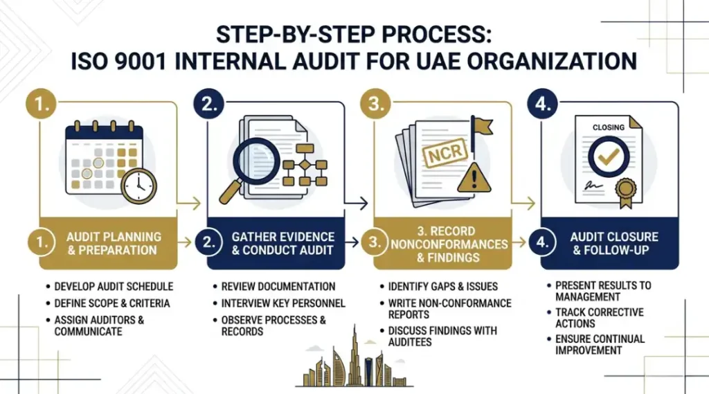 Four-stage step-by-step process diagram for conducting an ISO 9001 internal audit in a UAE organization from planning to closing