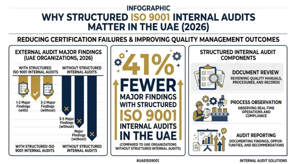 Data infographic showing how structured ISO 9001 internal audits reduce UAE certification failures and improve quality management outcomes in 2026